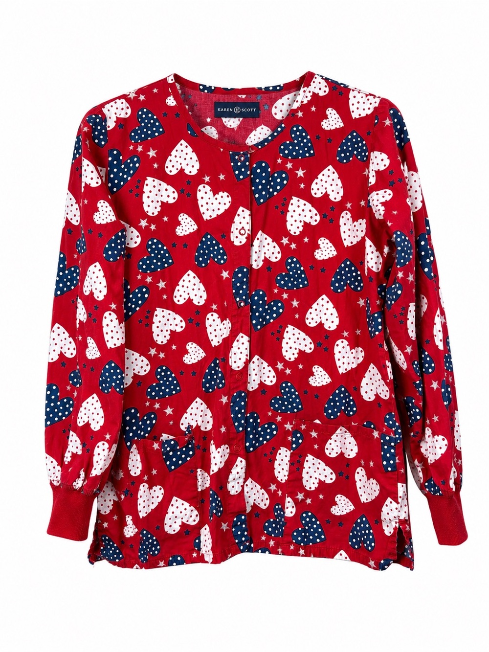 Zoe + Chloe Heart Print Scrub Top Red Navy White Long Sleeve Nurse S Patriotic